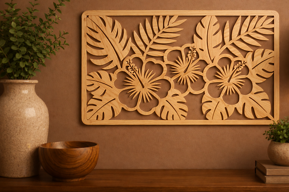 Handcrafted Wooden Hibiscus Floral Wall Decor! 8 x 12